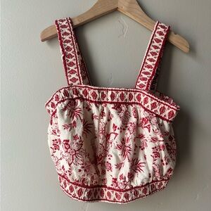 Japna Boho Red & Cream Floral Crop Top Cotton India Cottagecore S Resortwear